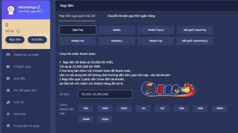 Cách thực hiện nạp tiền e88 nhà cái