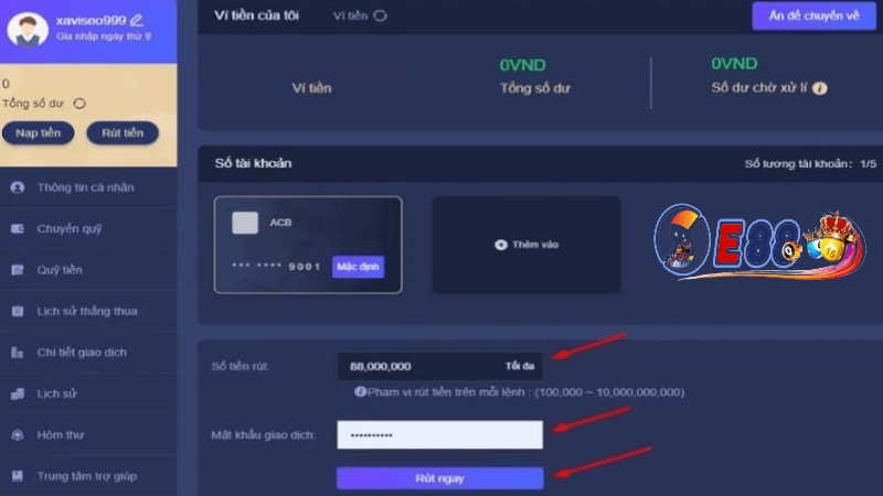 thực hiện rút tiền tại E88